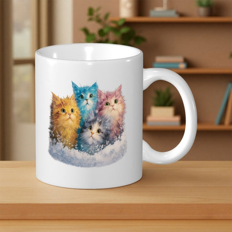 Tailorly White Ceramic 11 oz Mug - Vibrant Watercolor Illustration Featuring Soft Colorful Kittens Huddled In A Group Cat