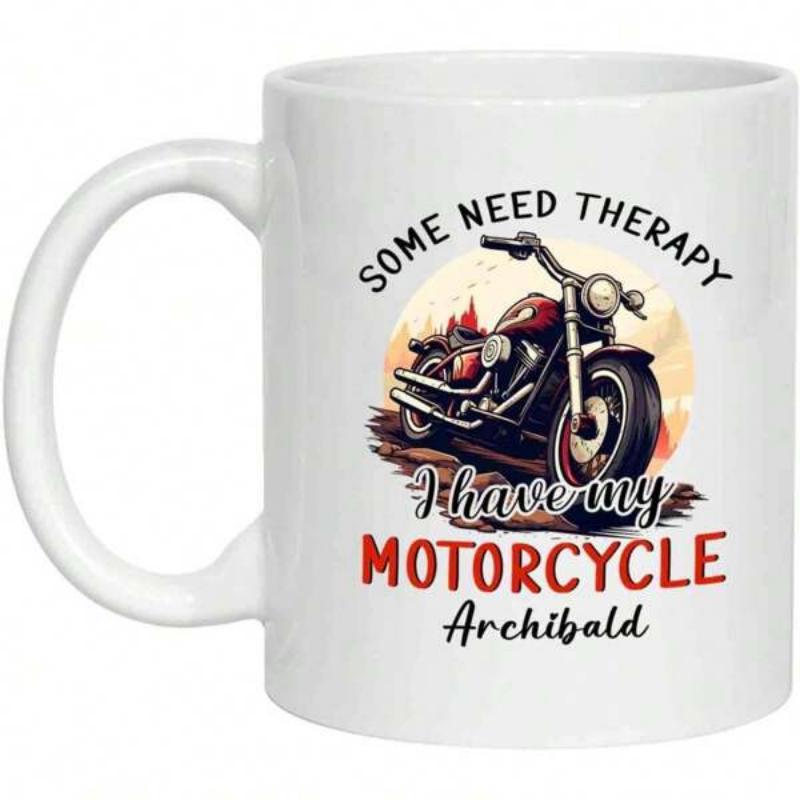Tailorly White Ceramic 11 oz Mug - Some Need Therapy I Have My Motorcycle Archibald Classic Cruiser Parked Against A Vibrant Circular Golden Sunset Motorcycle