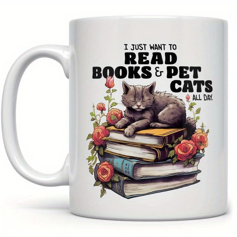 Tailorly White Ceramic 11 oz Mug - I Just Want To Read Books Pet Cats All Day Sleeping Grey Kitten Resting On Stacked Vintage Literature Among Blooming Roses Cat