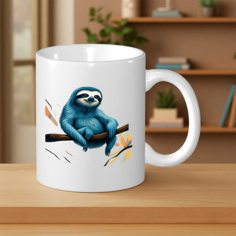 Tailorly White Ceramic 11 oz Mug - Charming Blue Character Resting Peacefully On A Small Wooden Tree Branch Sloth