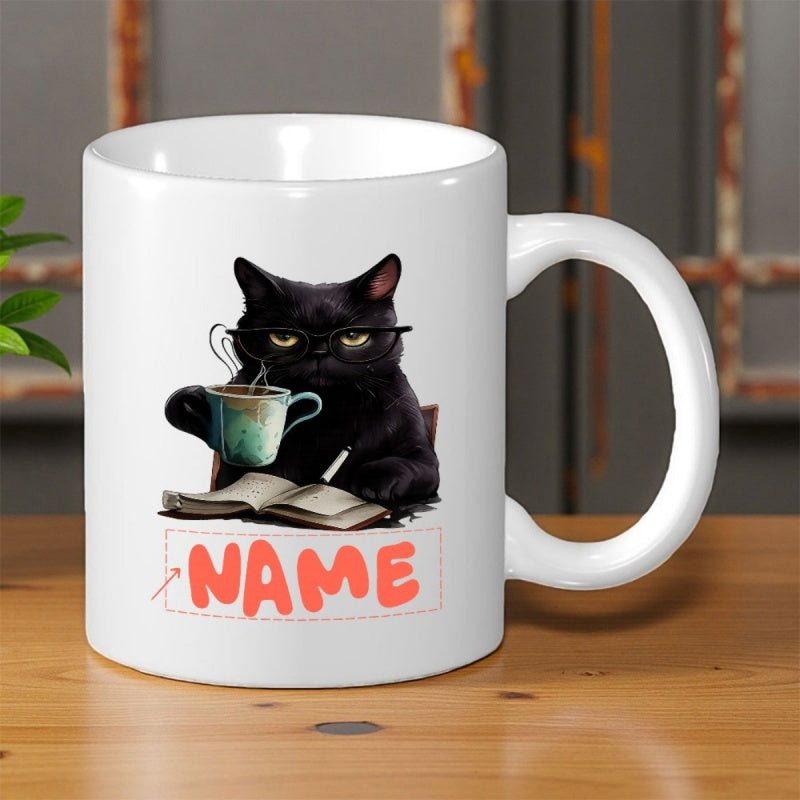 Tailorly White Ceramic 11 oz Mug - Name Studious Black Cat Wearing Glasses Drinking Coffee Reading Book Cat