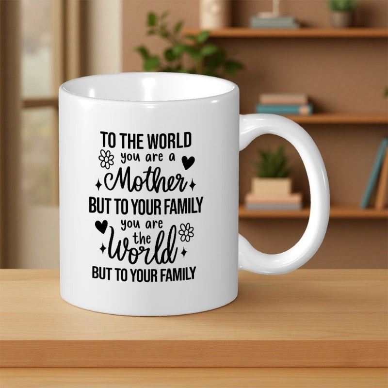 Tailorly White Ceramic 11 oz Mug - To The World You Are A Mother But To Your Family You Are The World But To Your Family Minimalist Black Floral And Heart Patterns