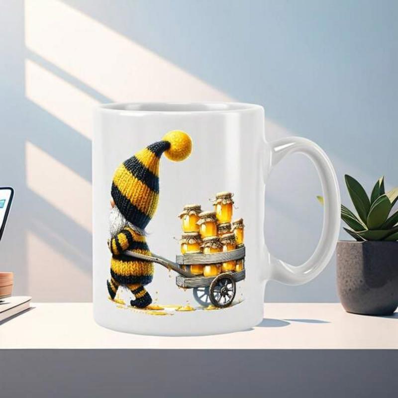 Tailorly White Ceramic 11 oz Mug - Adorable Bumblebee Themed Character Pushing Cart Full Of Jars With Golden Honey Gnome