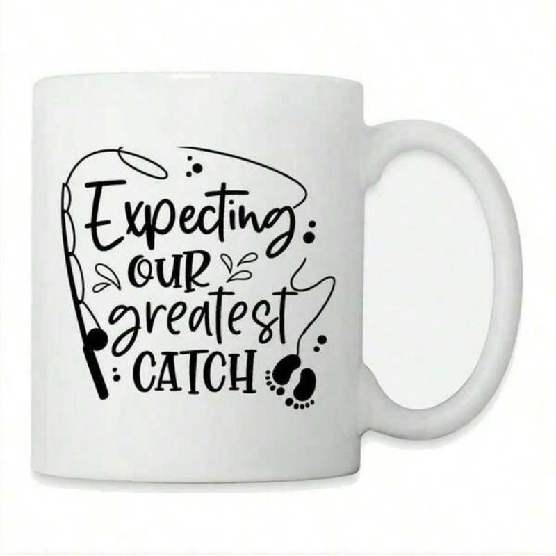 Tailorly White Ceramic 11 oz Mug - Expecting Our Greatest Catch Simple Black Line Art With Delicate Baby Footprints And Minimalist Fishing Rod