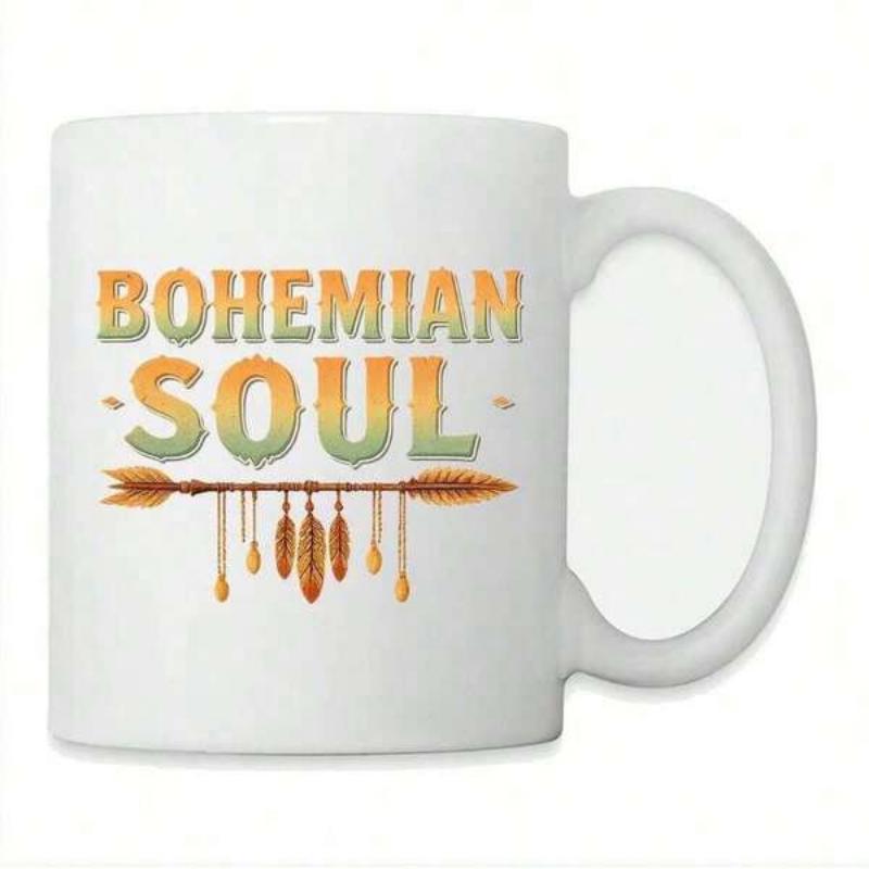 Tailorly White Ceramic 11 oz Mug - Bohemian Soul Rustic Vintage Wooden Tribal Style With Hanging Feathers Arrow