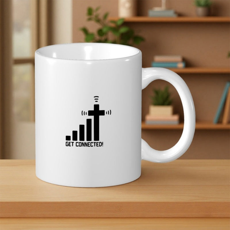 Tailorly White Ceramic 11 oz Mug - Get Connected Rising Wireless Digital Signals Integrated With A Symbolic Spiritual Religious Cross