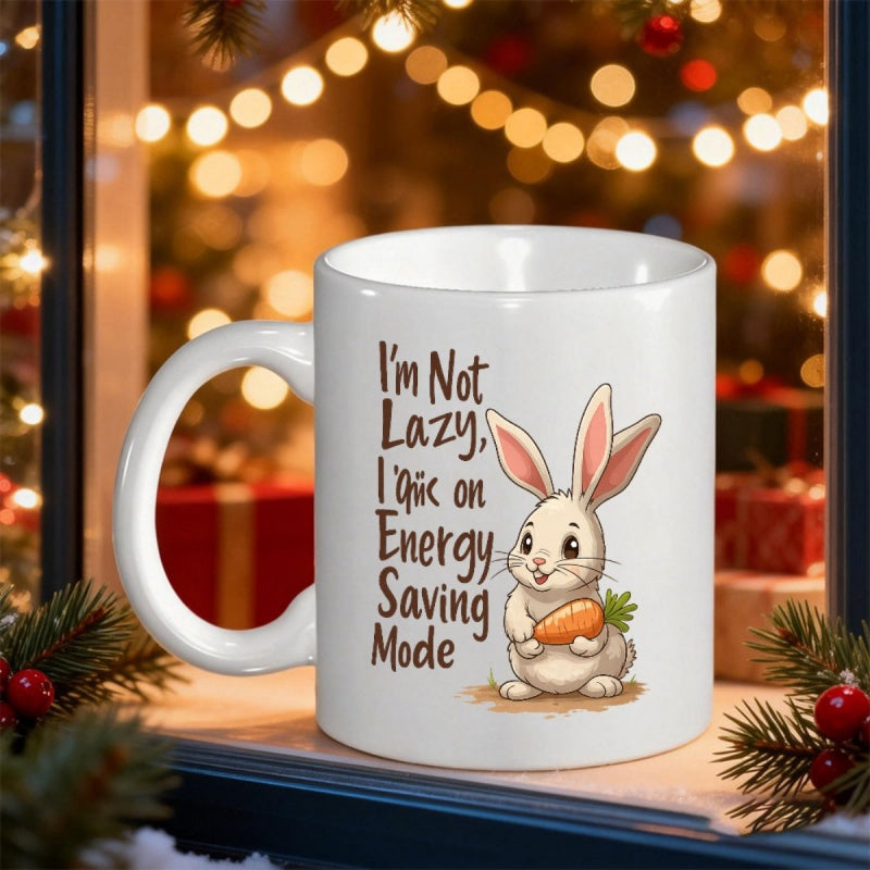 Tailorly White Ceramic 11 oz Mug - Im Not Lazy Im On Energy Saving Mode Adorable Fluffy Bunny Holding A Fresh Carrot Sitting Gracefully Rabbit