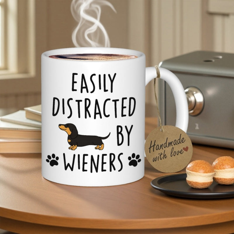 Tailorly White Ceramic 11 oz Mug - Easily Distracted By Wieners Adorable Black And Tan Puppy Among Small Black Paw Prints Dachshund