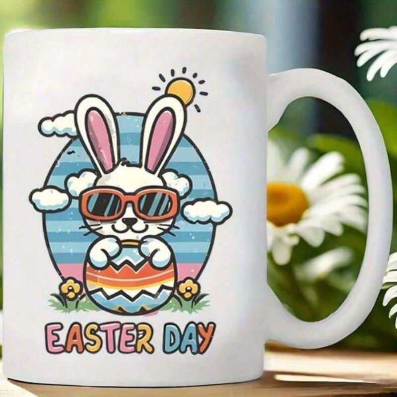 Tailorly White Ceramic 11 oz Mug - Easter Day Cute Cartoon Bunny Wearing Sunglasses Holding Colorful Egg In Spring Sunshine Rabbit