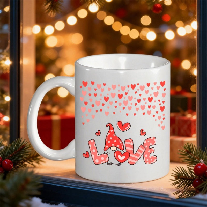 Tailorly White Ceramic 11 oz Mug - Love Charming Little Gnome Surrounded By Floating Hearts And Polka Dot Patterns Gnome