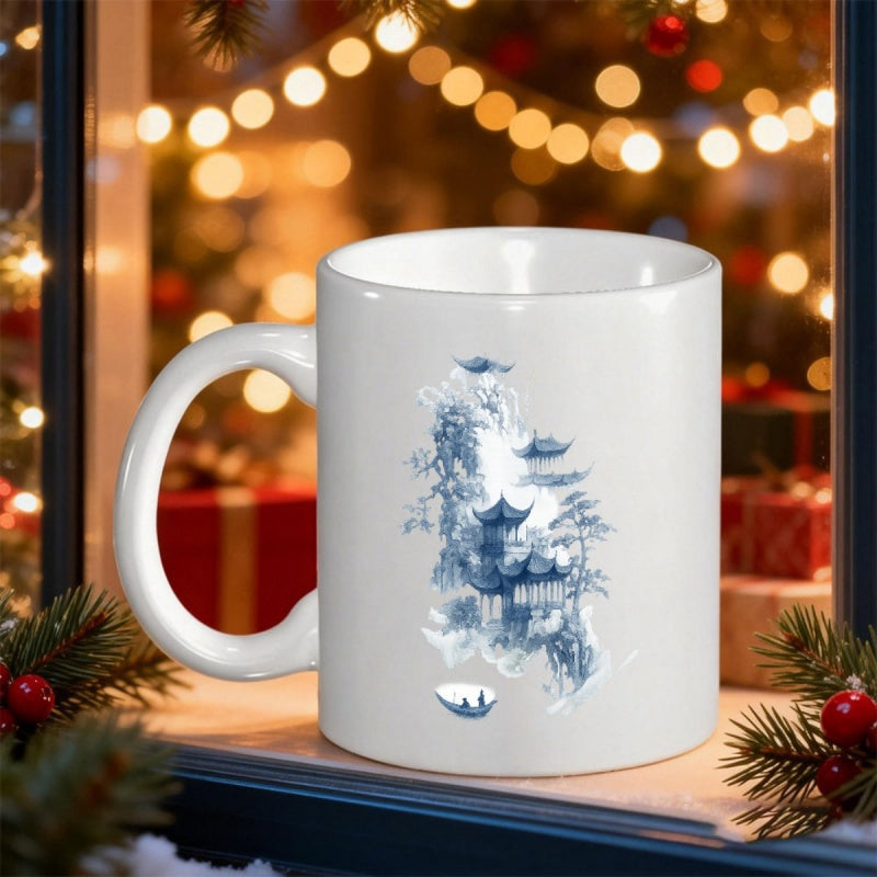 Tailorly White Ceramic 11 oz Mug - Traditional Blue Ink Wash Painting Style Featuring Ancient Pagodas In Mist Landscape
