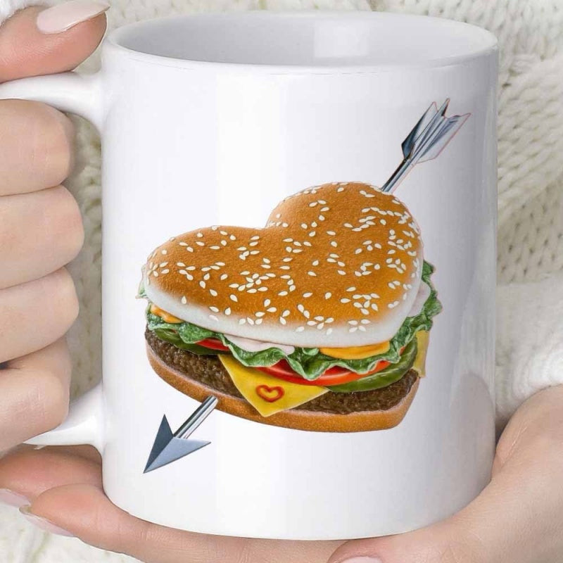 Tailorly White Ceramic 11 oz Mug - Tasty Heart Shaped Sesame Bun Burger Pierced By A Sharp Silver Arrow Burger