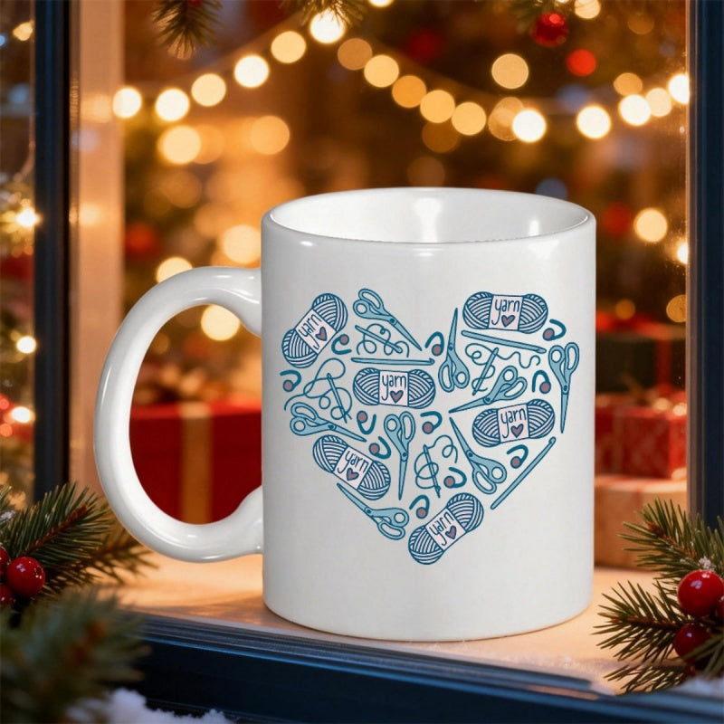 Tailorly White Ceramic 11 oz Mug - Crafty Knitting Tools Arranged Together To Form A Decorative Graphic Heart