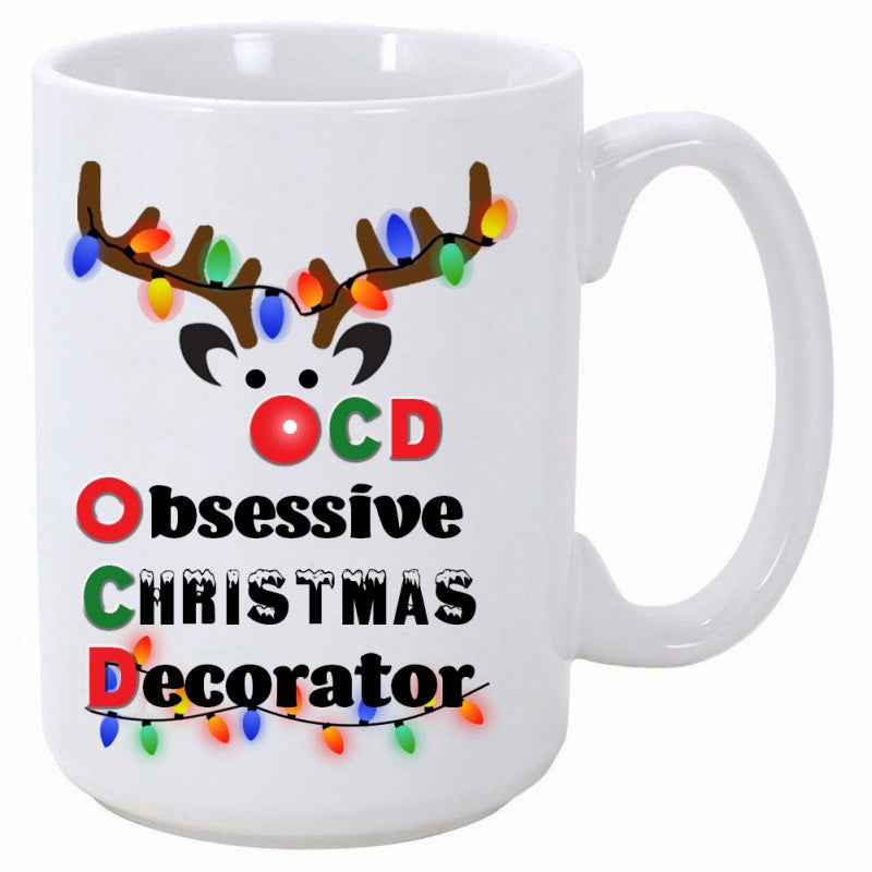 Tailorly White Ceramic 11 oz Mug - Ocd Obsessive Christmas Decorator Festive Reindeer Antlers Decorated With Colorful Glowing Holiday String Lights Reindeer