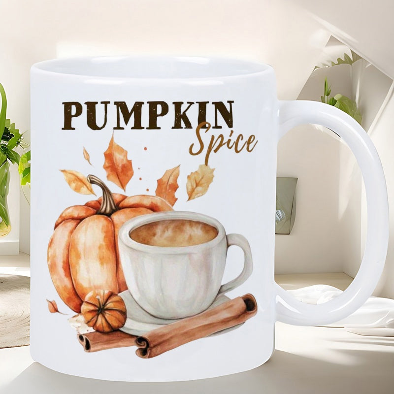 Tailorly White Ceramic 11 oz Mug - Pumpkin Spice Autumn Watercolor Harvest With Coffee Cup Amidst Falling Leaves Pumpkin