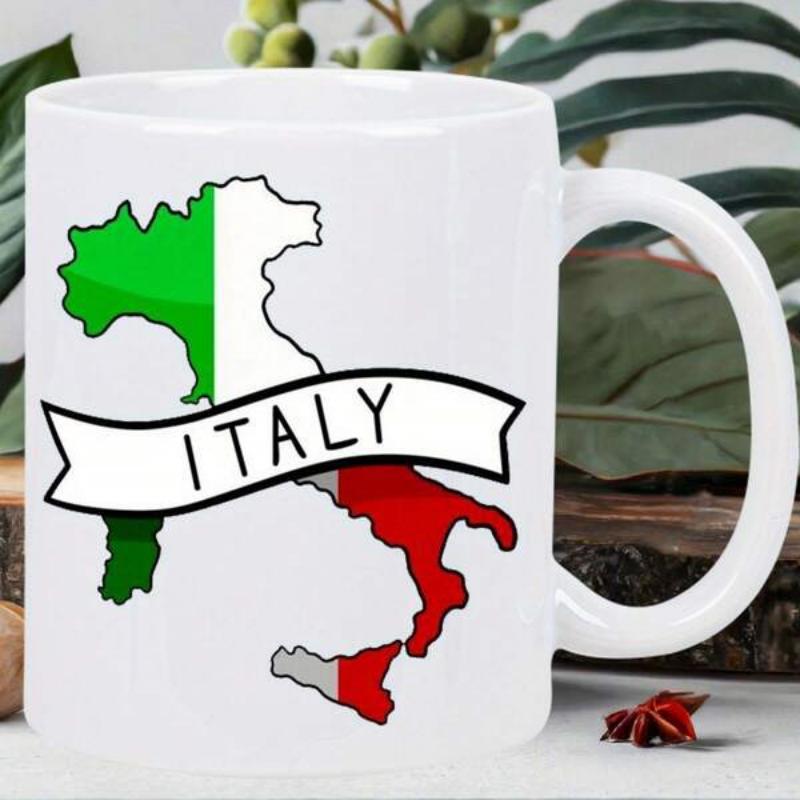 Tailorly White Ceramic 11 oz Mug - Italy Featuring The National Flag Colors Across A Geographic Silhouette Of The Peninsula Map