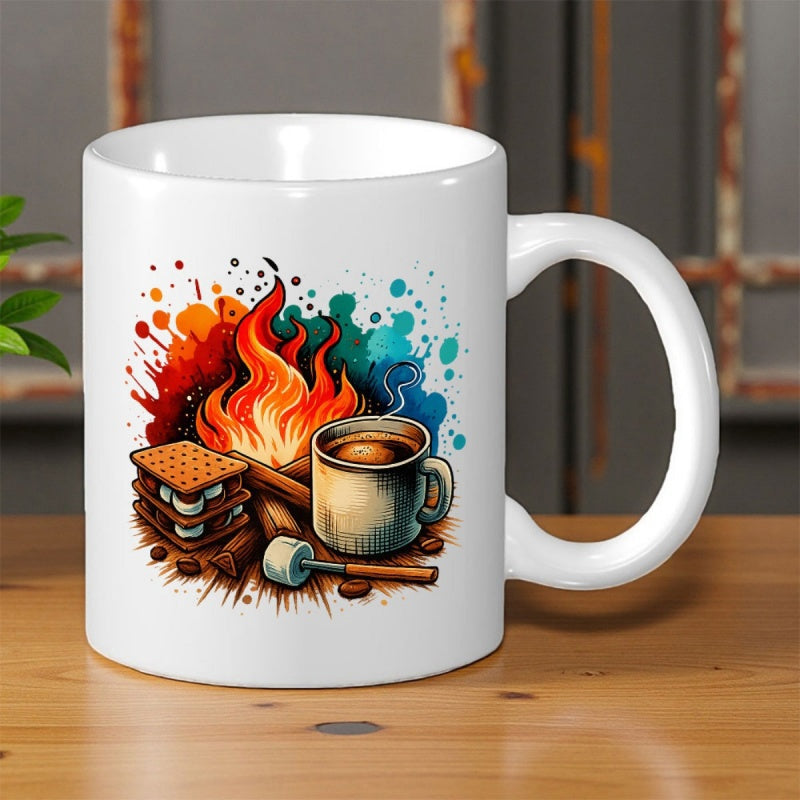 Tailorly White Ceramic 11 oz Mug - Vibrant Colorful Splatter Background With Smores Coffee And Marshmallow Stick Campfire