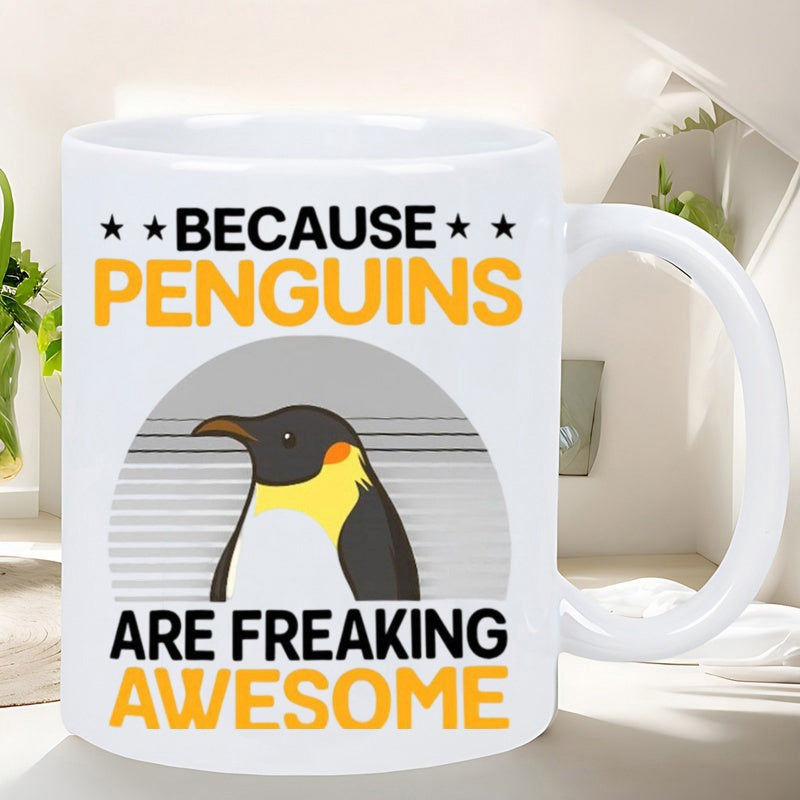 Tailorly White Ceramic 11 oz Mug - Because Penguins Are Freaking Awesome Stylized Emperor Penguin Profile Inside A Modern Grey Circular Sunset Penguin