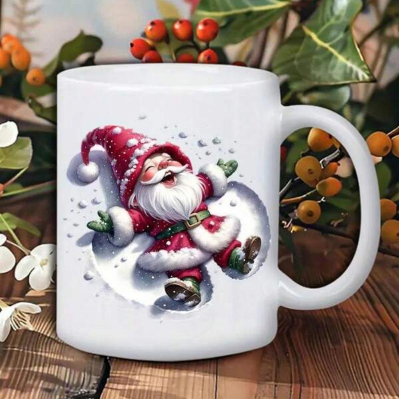 Tailorly White Ceramic 11 oz Mug - Jolly Santa Claus Making Snow Angel In Pure White Winter Snow Santa Claus