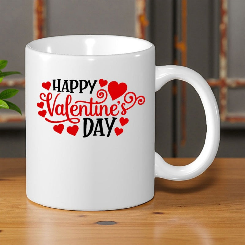 Tailorly White Ceramic 11 oz Mug - Happy Valentine s Day Minimalist Red Hearts And Decorative Swirls On A Smooth Ceramic Mug