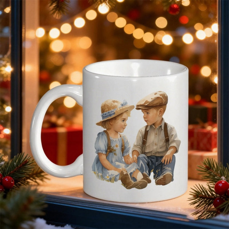 Tailorly White Ceramic 11 oz Mug - Vintage Style Hand Painted Boy And Girl Wearing Classic Rural Outfits Children