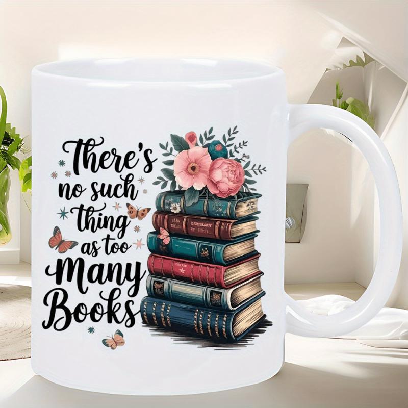 Tailorly White Ceramic 11 oz Mug - There Is No Such Thing As Too Many Books Vintage Colorful Stacked Books With Pink Blossoms And Dancing Butterflies Stack