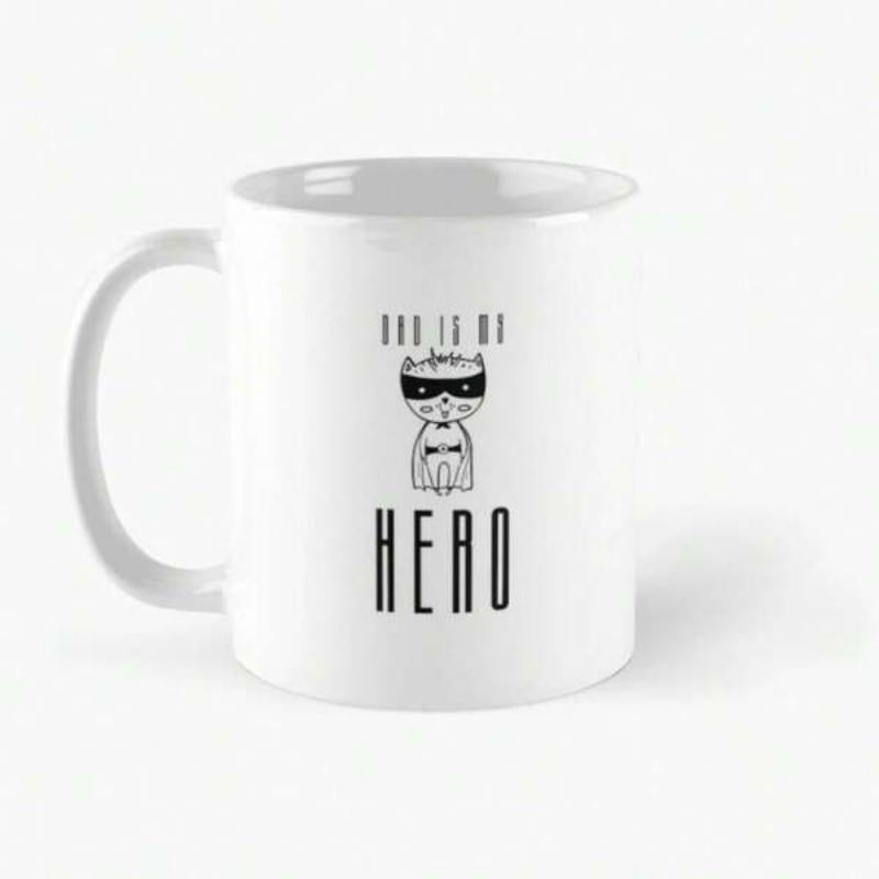 Tailorly White Ceramic 11 oz Mug - Dad Is My Hero Minimalist Line Art Character Wearing Superhero Eye Mask Cat