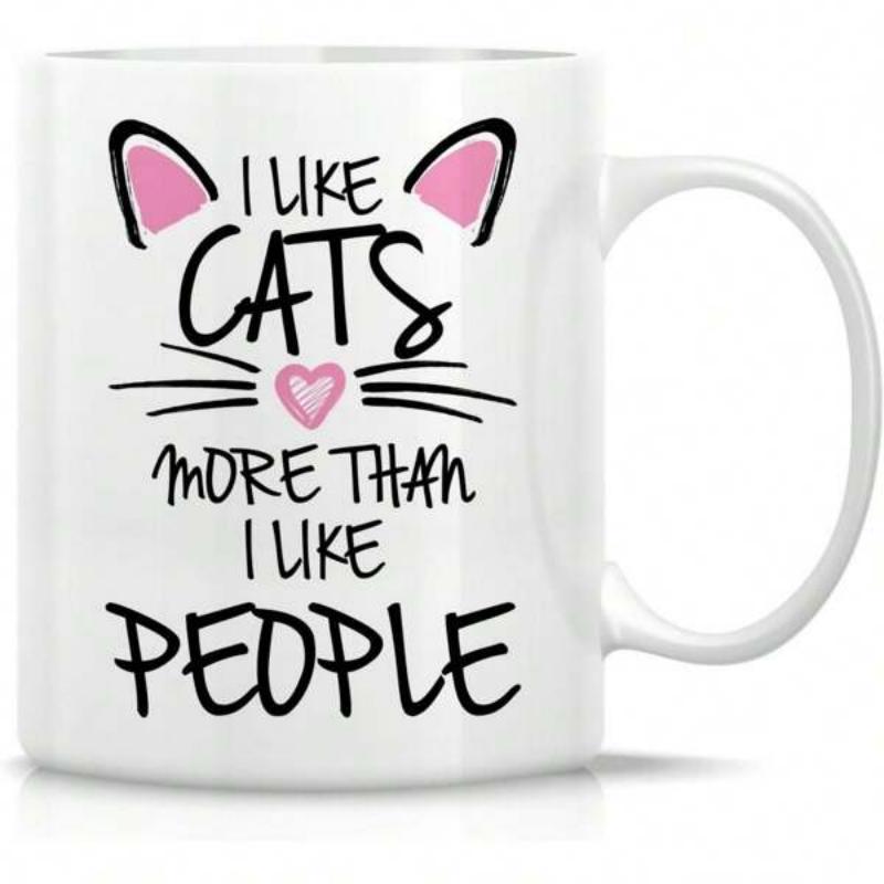 Tailorly White Ceramic 11 oz Mug - I Like Cats More Than I Like People Minimalist Pink Ears And Whiskers On Ceramic Cat Mug