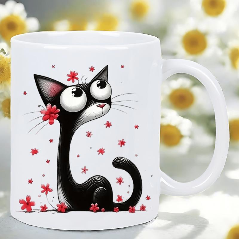 Tailorly White Ceramic 11 oz Mug - Stylized Whimsical Black Cat With Large Eyes Surrounded By Red Blossoms Cat