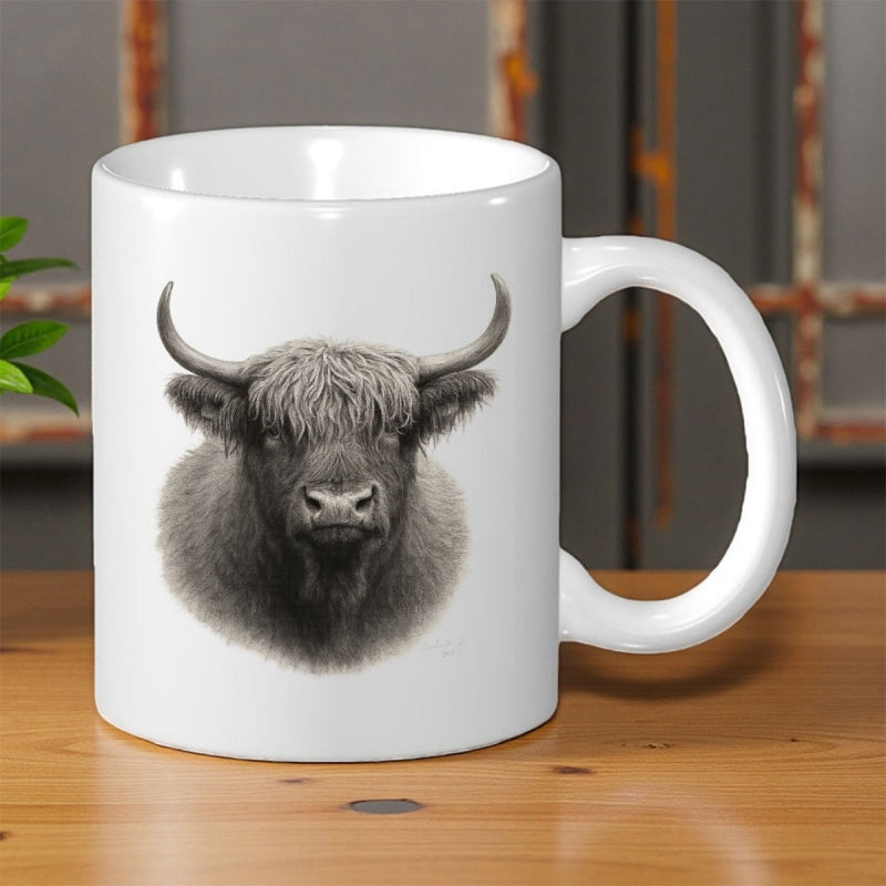 Tailorly White Ceramic 11 oz Mug - Majestic Realistic Highland Cow With Shaggy Hair And Long Curved Horns Cow