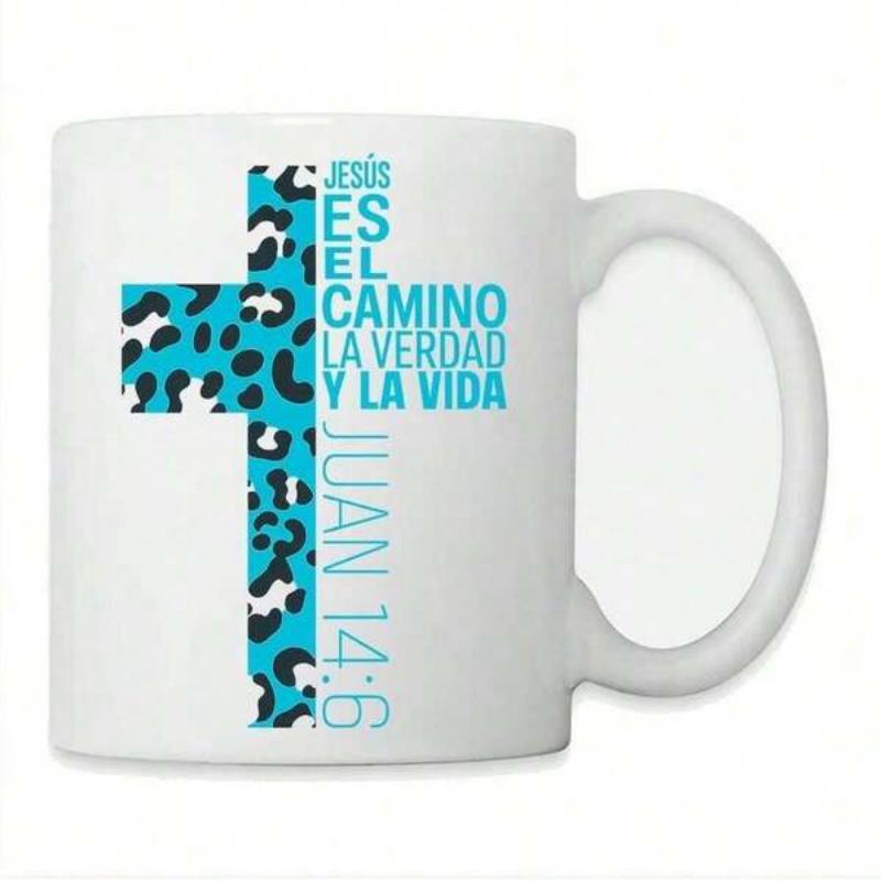 Tailorly White Ceramic 11 oz Mug - Vibrant Teal Leopard Pattern Fills A Christian Spiritual Holy Symbolic Cross