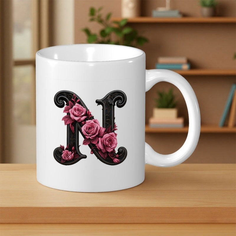 Tailorly White Ceramic 11 oz Mug - N Ornate Black Serif Style With Delicate Blooming Pink Garden Roses Letter