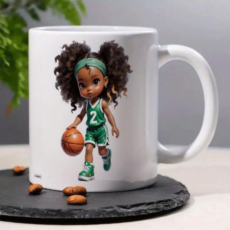 Tailorly White Ceramic 11 oz Mug - Energetic Young Player In Green Jersey Dribbling A Brown Basketball Girl