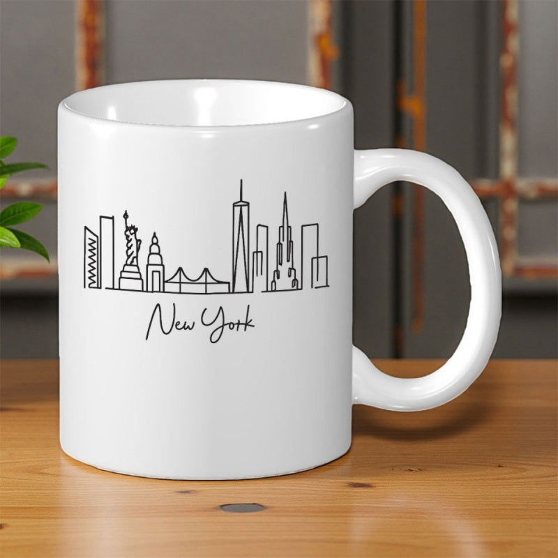 Tailorly White Ceramic 11 oz Mug - New York Minimalist Black Line Art Featuring Famous City Landmarks Skyline