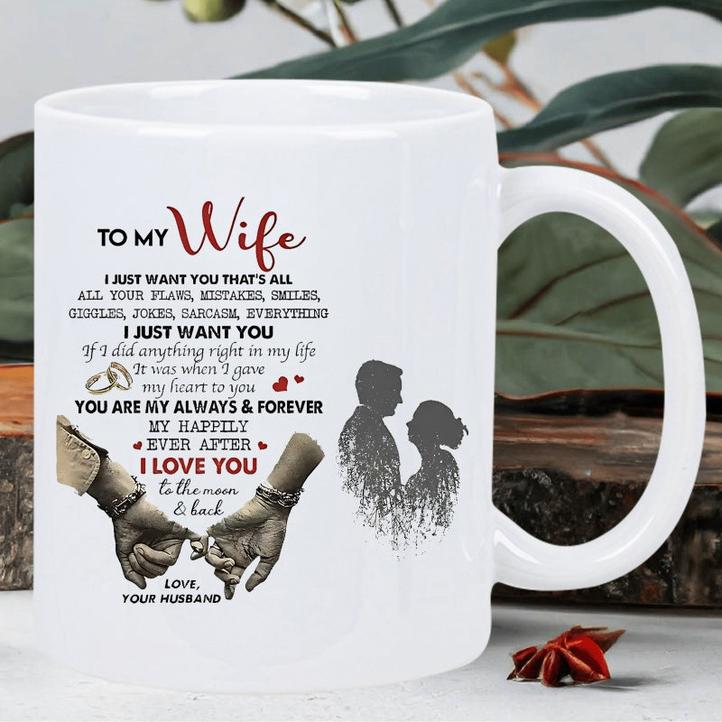 Tailorly White Ceramic 11 oz Mug - To My Wife Always Forever I Love You To The Moon And Back Romantic Couple Silhouette With Interlocking Hands Showing Eternal