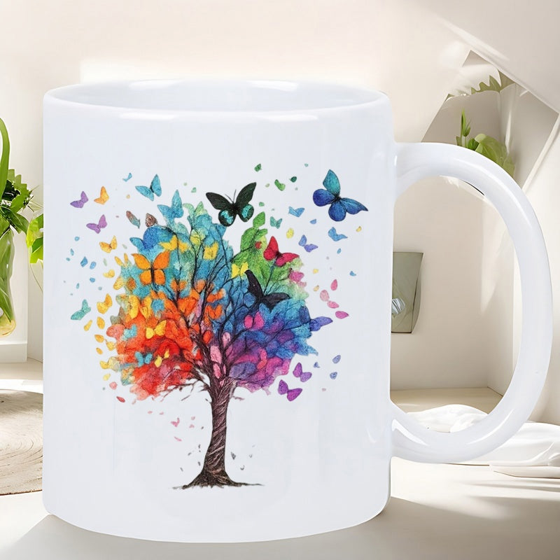 Tailorly White Ceramic 11 oz Mug - Vibrant Watercolor Pattern Featuring Colorful Butterflies Fluttering Around A Magic Tree