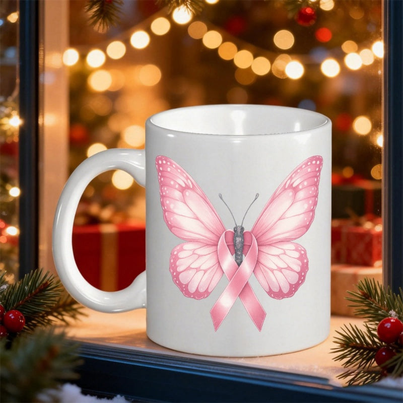 Tailorly White Ceramic 11 oz Mug - Elegant Pink Wings Integrated With Breast Cancer Awareness Ribbon Butterfly