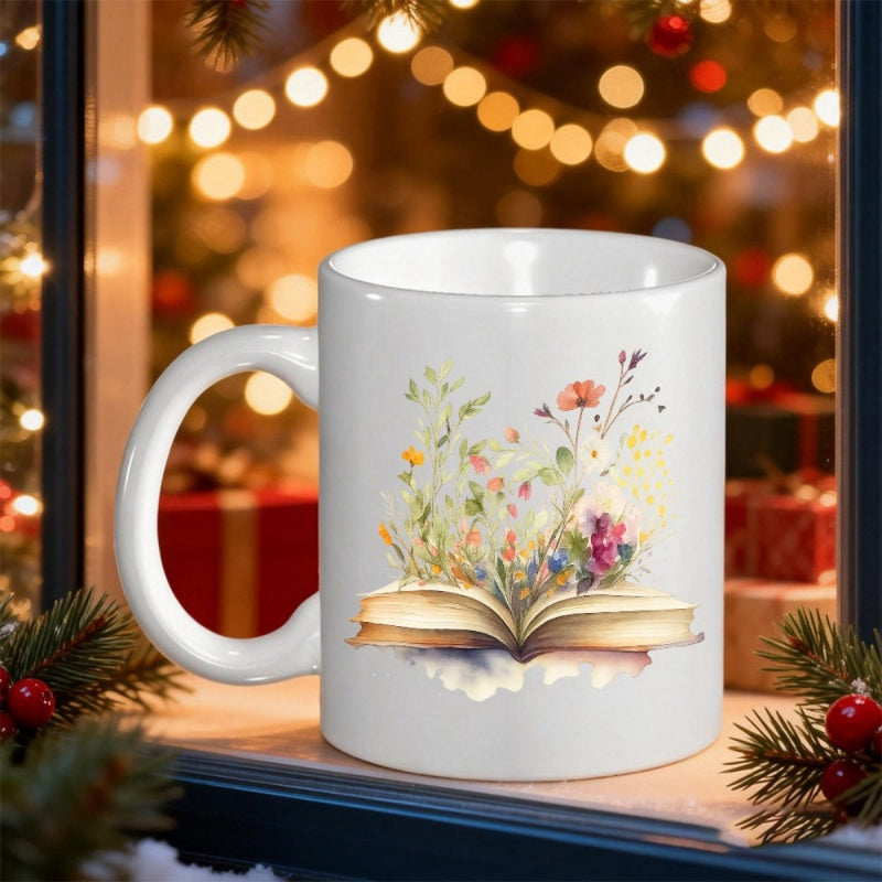 Tailorly White Ceramic 11 oz Mug - Whimsical Watercolor Wildflowers Blooming From An Open Antique Nature Book