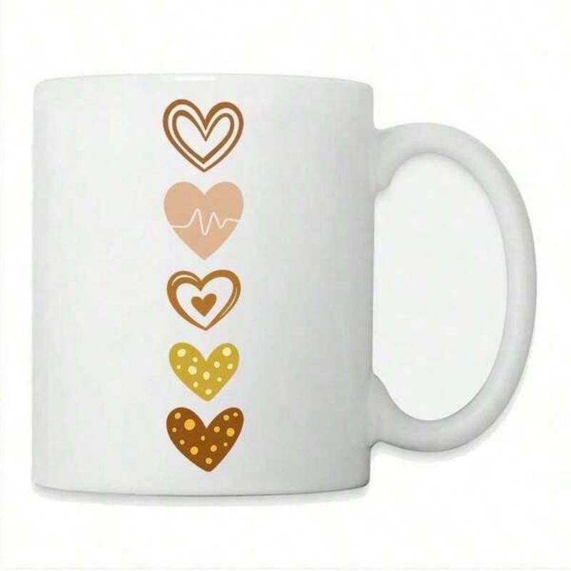Tailorly White Ceramic 11 oz Mug - Vertical Row Of Five Stylized Patterns Within Earthy Toned Decorative Hearts