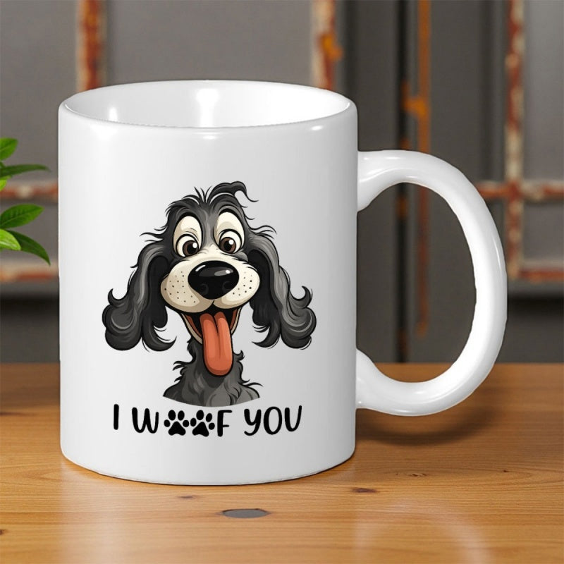 Tailorly White Ceramic 11 oz Mug - I Woof You Cheerful Cartoon Black Puppy With Long Ears And Playful Expression Dog