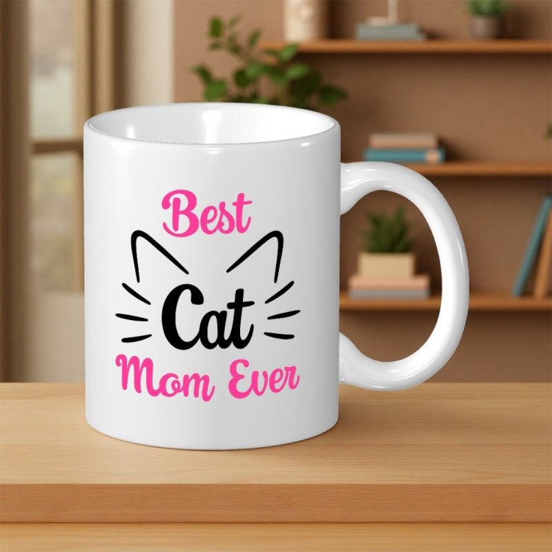 Tailorly White Ceramic 11 oz Mug - Best Cat Mom Ever Minimalist Black Cat Ears With Whiskers Featuring Cute Pink Script Mug