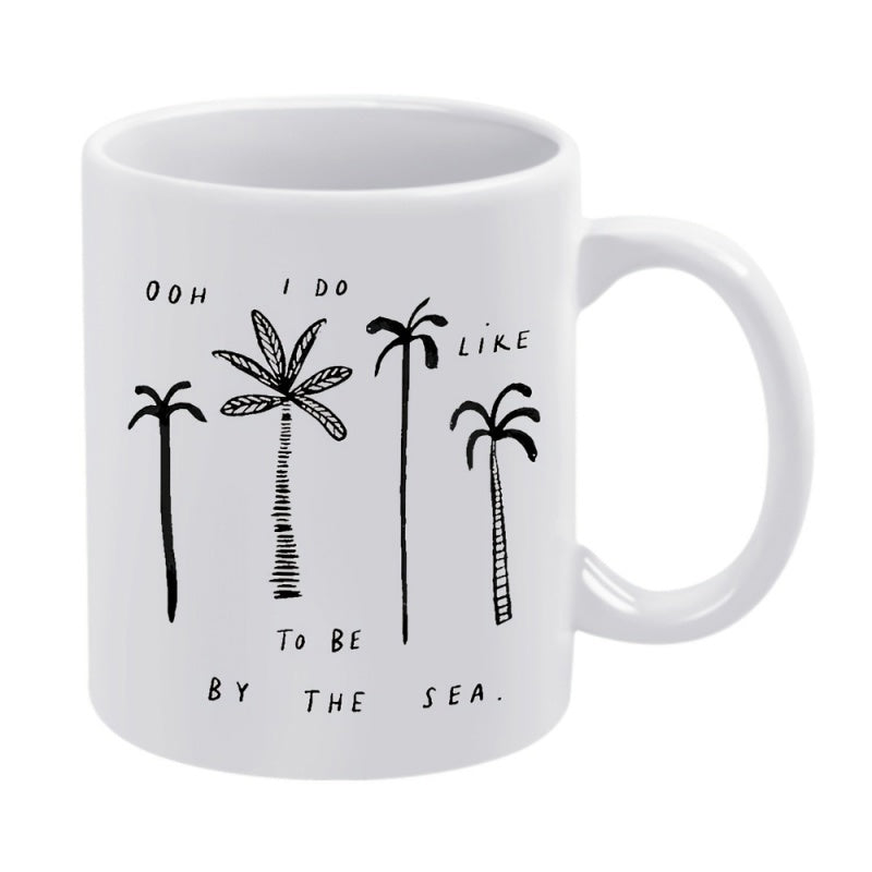 Tailorly White Ceramic 11 oz Mug - Ooh I Do Like To Be By The Sea Minimalist Hand Drawn Tropical Trees Standing Tall Under Summer Coastal Breeze Palm Tree