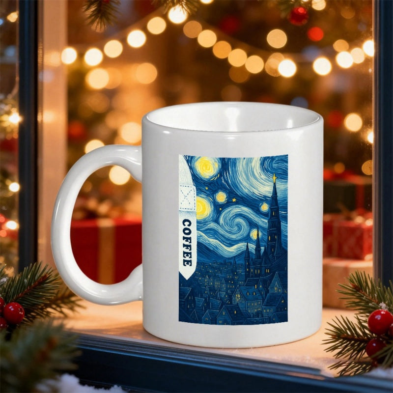Tailorly White Ceramic 11 oz Mug - Coffee Swirling Night Sky With Yellow Stars Above A Dark Scenic Village Mug