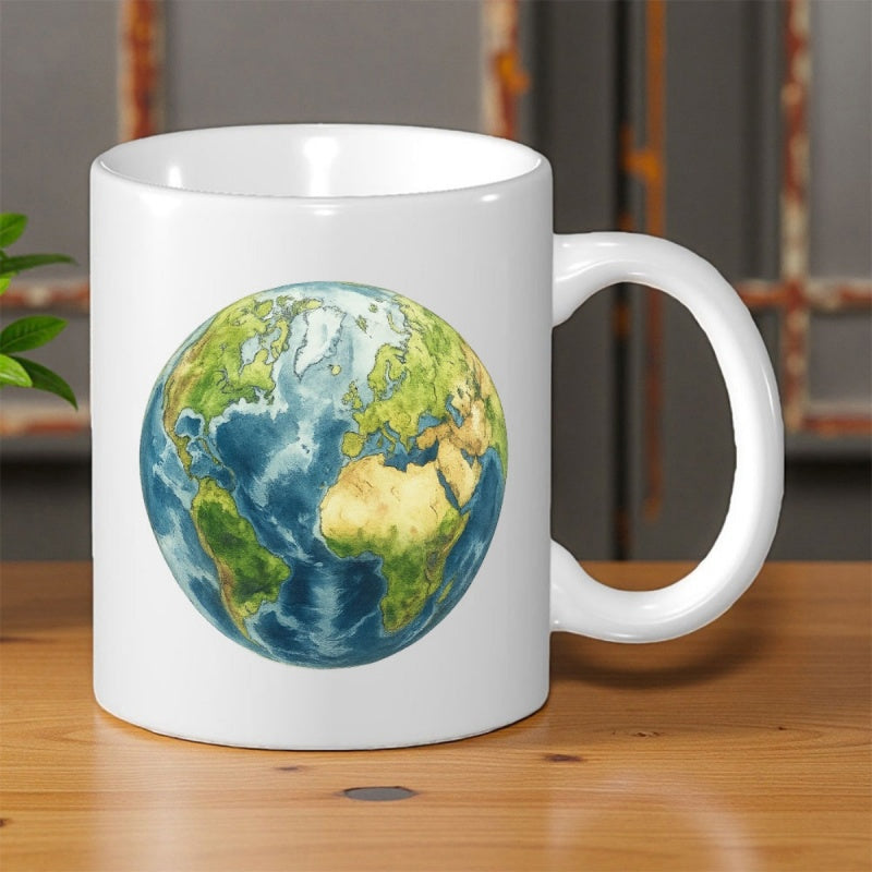 Tailorly White Ceramic 11 oz Mug - Vibrant Watercolor World Map With Detailed Green Continents And Blue Oceans Globe