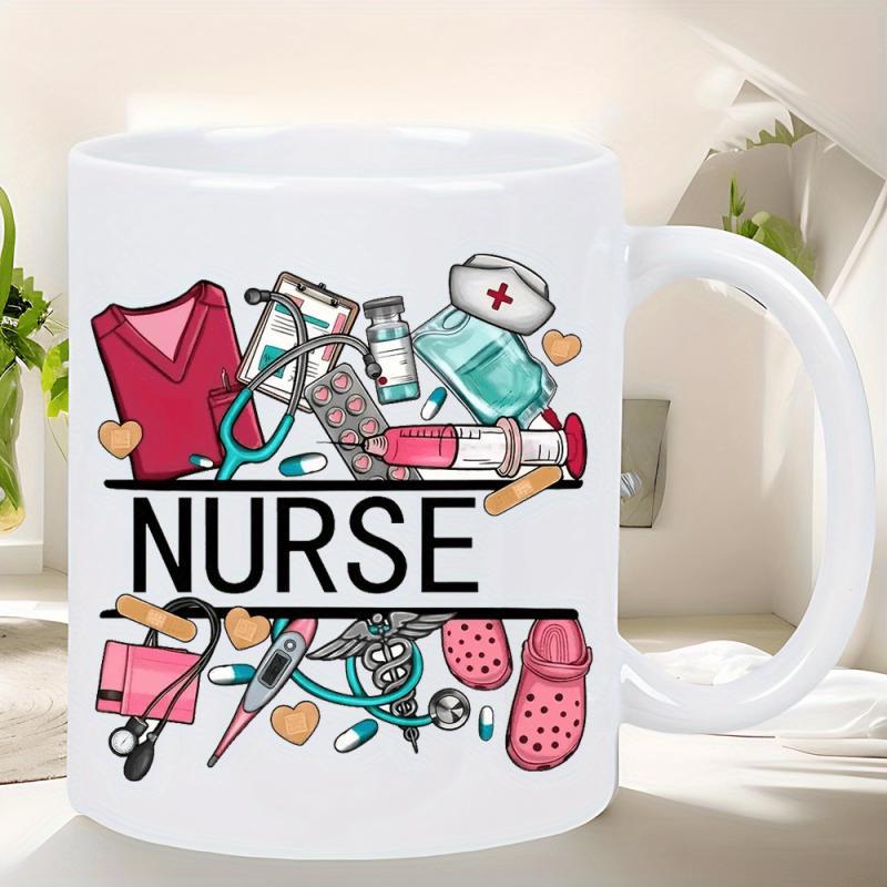 Tailorly White Ceramic 11 oz Mug - Nurse Colorful Medical Illustrations Including Stethoscope And Professional Scrubs Nurse