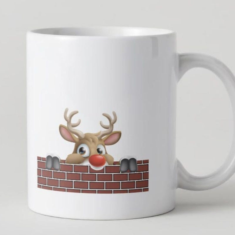 Tailorly White Ceramic 11 oz Mug - Cute Cartoon Red Nose Peeking Over Brick Wall Reindeer