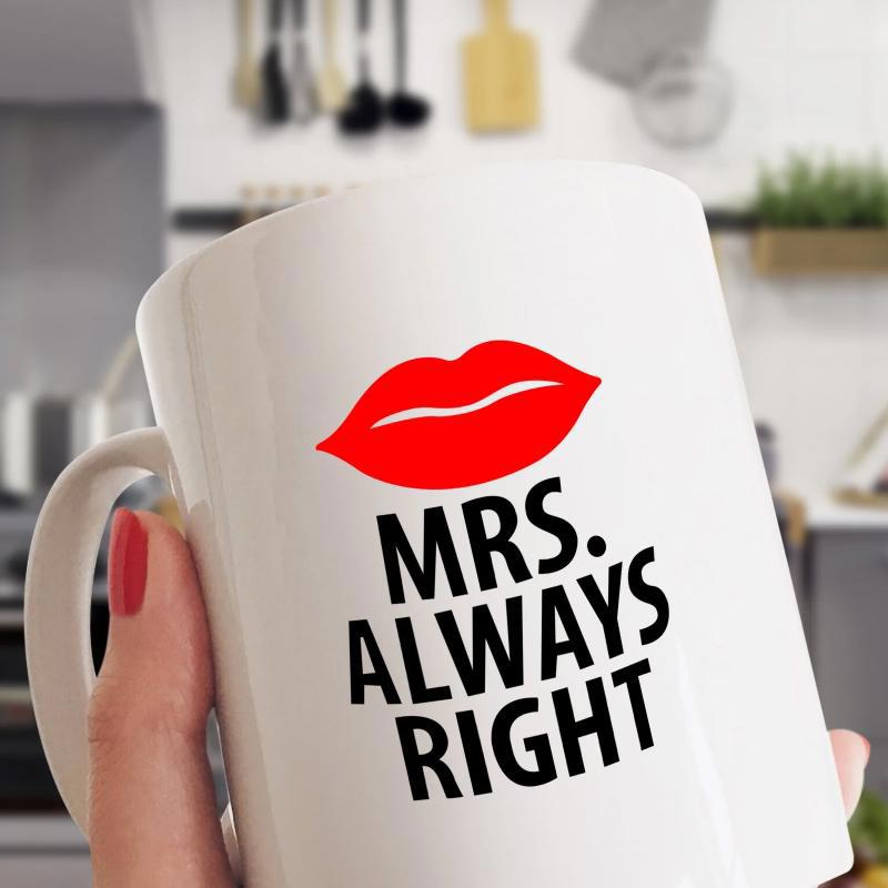 Tailorly White Ceramic 11 oz Mug - Mrs Always Right Bold Stylized Vibrant Red Lips Floating Over A Polished White Surface Lips