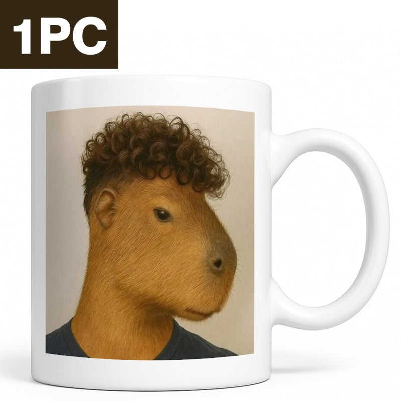 Tailorly White Ceramic 11 oz Mug - Funny Stylish Curly Perm Hair Wearing A Casual Blue Shirt Capybara