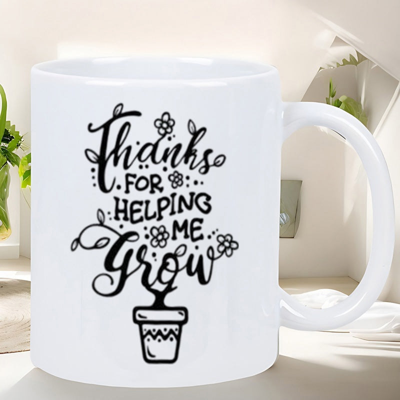 Tailorly White Ceramic 11 oz Mug - Thanks For Helping Me Grow Minimalist Black Line Art Blooming Vines And Decorative Flowerpot