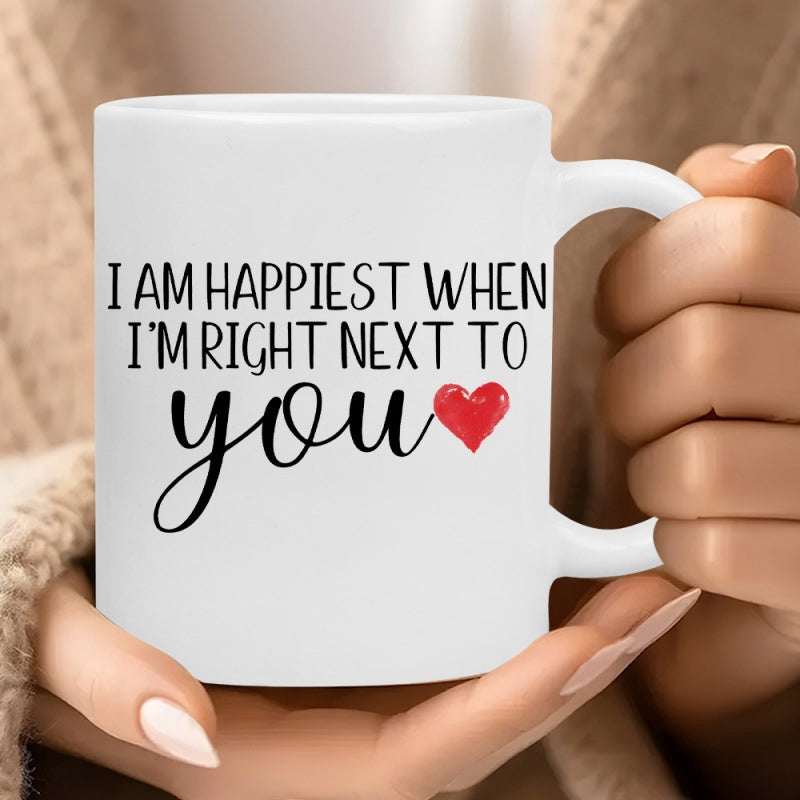 Tailorly White Ceramic 11 oz Mug - I Am Happiest When Im Right Next To You Minimalist White Ceramic Vessel With Vibrant Red Heart Symbol Printed On Mug